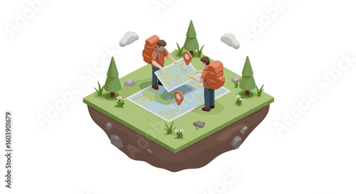 Explorers analyzing map in isometric forest scene with backpackers and