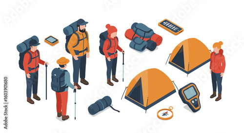 Isometric camping adventure with hikers, tents, and gear