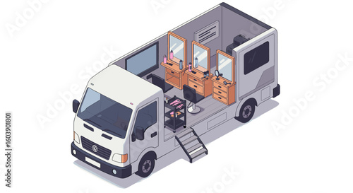 Isometric mobile beauty salon concept with interior details