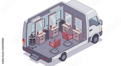 Mobile salon bus concept with isometric interior design for beauty ser