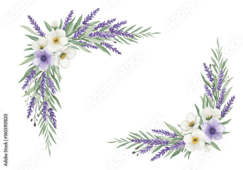 Fototapeta Naklejka Na Ścianę i Meble -  Watercolor floral corner arrangements with lavender and white flowers on a transparent background perfect for invitations and designs