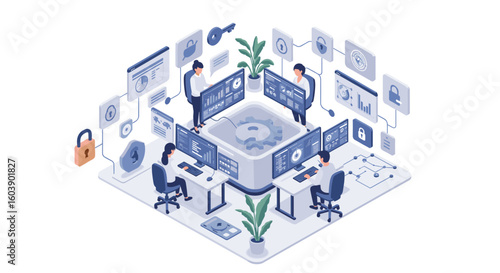 Isometric office collaboration with technology and data on multiple sc