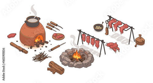 Rustic cooking setup with traditional tools and fire elements in isome