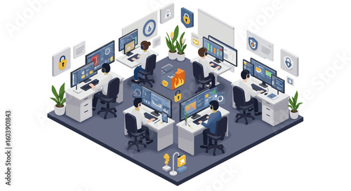 Isometric office with people working on computers in a cybersecurity e