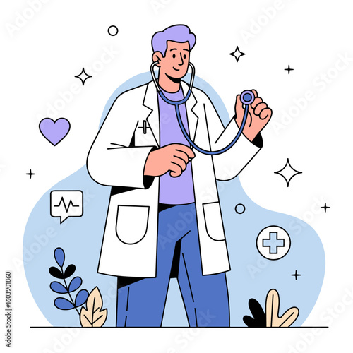 A friendly male doctor in a white lab coat with a stethoscope. A flat vector illustration concept for healthcare, medical services, and clinics.