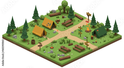 Isometric summer camp scene with tents and picnic area in a forest set