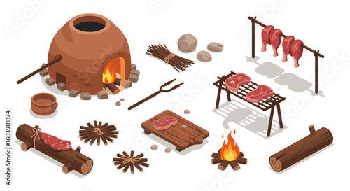 Isometric outdoor cooking set: meat, fire, and tools for campfire bbq