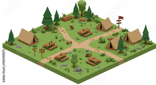 Isometric camping scene with tents and trees in a forest setting