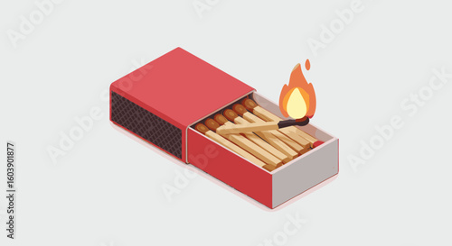 3d burning matchstick in opened matchbox on white background