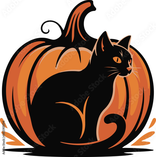 Black Cat Sitting in a Halloween Pumpkin - Autumn Vector Design
