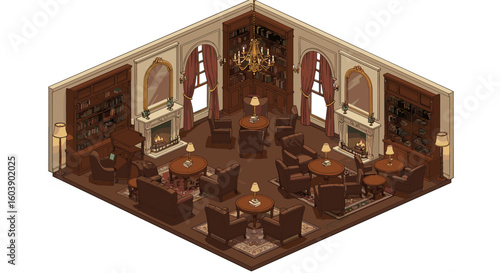 Cozy isometric lounge with vintage interior and classic library decor