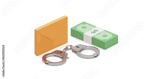 3d handcuffs with cash and envelope symbolizing financial crime or cor