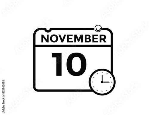 10 November, calendar date icon. 10 November Calendar Date for Deadlines or Appointment. Day, month. vector illustration.
