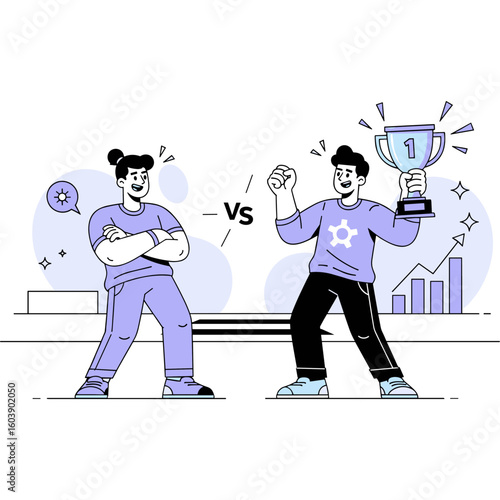 Vector illustration of business competition, showcasing a triumphant winner holding a trophy celebrating success against a rival competitor.