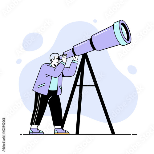 A male character observes through a large telescope, illustrating the concept of searching for future trends, discovery, and a long-term business vision.