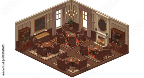 Cozy vintage library room with fireplace and leather armchairs in isom