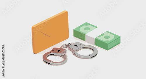 3d conceptual art of bribery with handcuffs, cash, and envelope