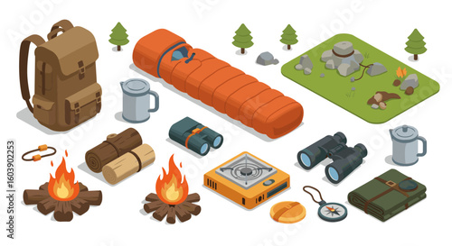 Outdoor camping gear set with sleeping bag, campfire, and hiking essen