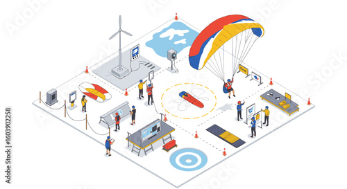 Isometric outdoor adventure hub with diverse sports activities and tec