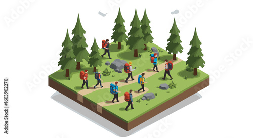 Isometric hiking adventure on forest trail with backpackers in nature