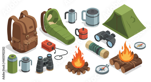 Camping equipment icons set: backpack, sleeping bag, tent, and campfir
