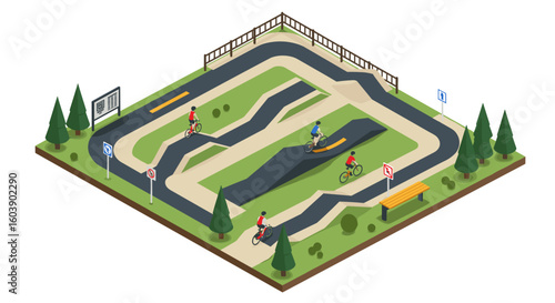 Isometric cycling track with riders in urban park setting