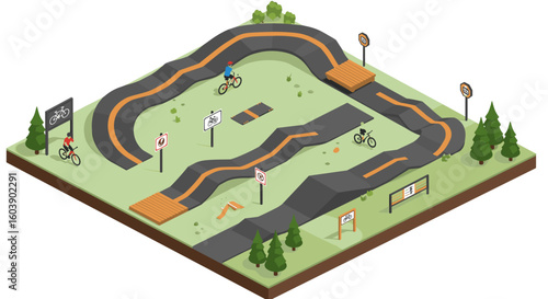 Isometric outdoor cycling park with riders on a pump track