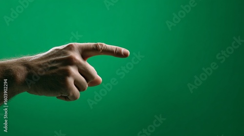 Realistic human hand with index finger extended, pointing to the left, against a vibrant, isolated green screen background