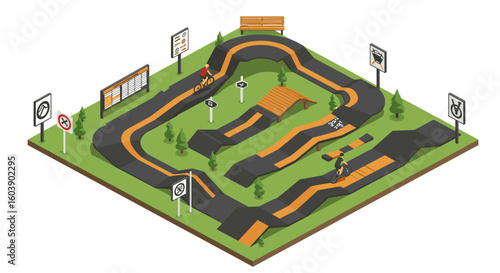 Isometric bmx track with cyclists and road signs in a park setting