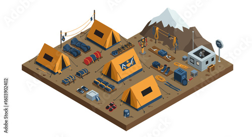 Isometric mountain base camp with tents and equipment