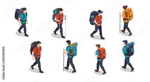 Isometric hikers with backpacks walking in various poses