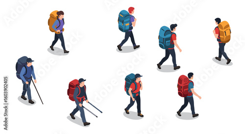 Isometric hikers with backpacks and gear on white background