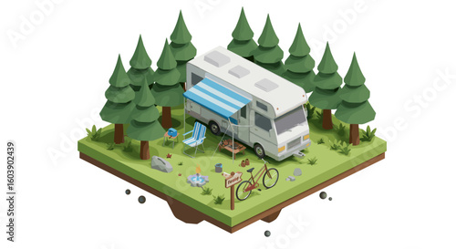Cozy camping scene with camper van in forested isometric landscape