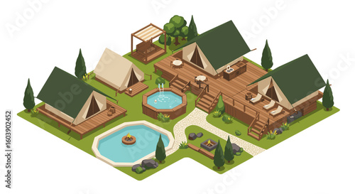 Cozy glamping site with tents and outdoor amenities in isometric desig