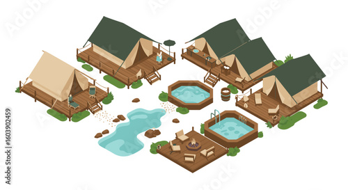 Isometric glamping site with luxurious tents and relaxing outdoor pool
