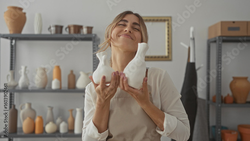 Young blonde woman wearing apron holds two handcrafted ceramic vases in pottery studio; creativity pride joy.