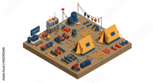 Isometric camping equipment arrangement on a base with tents, backpack