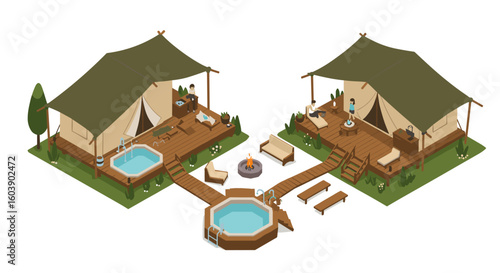 Isometric glamping tents with wooden deck and outdoor hot tub