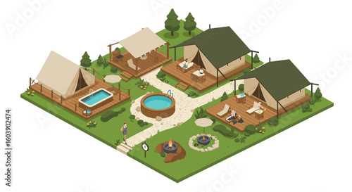 Modern isometric glamping site with tents and amenities in lush outdoo