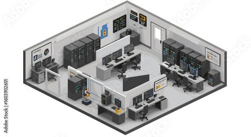 Modern isometric control room with advanced technology and digital sec