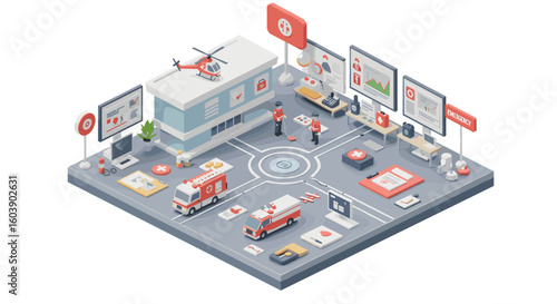 Isometric emergency management center with rescue vehicles and technol