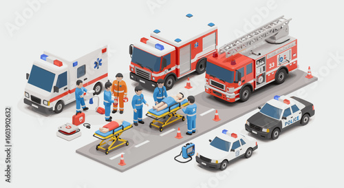 Isometric rescue scene with emergency vehicles and medical team on str