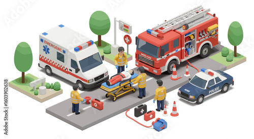 Isometric emergency rescue scene with ambulance, fire truck, and polic