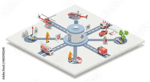 Isometric emergency response hub with helicopter ambulance and medical
