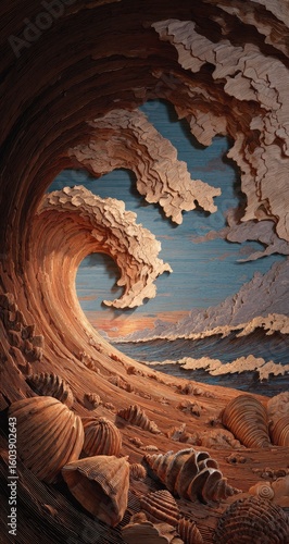 Wooden wave crashing on beach
