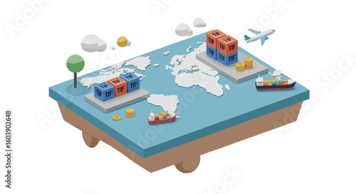 Isometric cargo shipping scene with container ships and global map