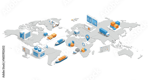 Global logistics and shipping network on 3d world map