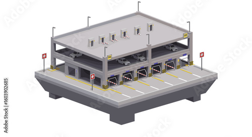 Isometric multi-level parking garage with cars and barriers