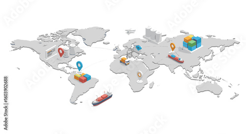 Global logistics network map with cargo and shipping icons in 3d isome