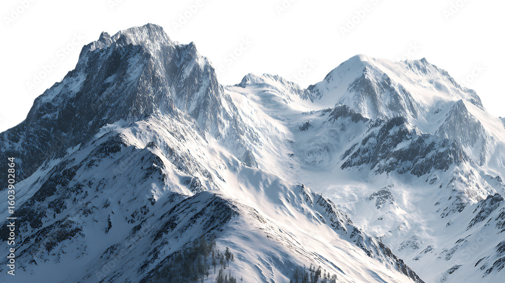 Obraz premium Breathtaking mountain vista with snow peaks and morning sun shadows isolated on transparent background